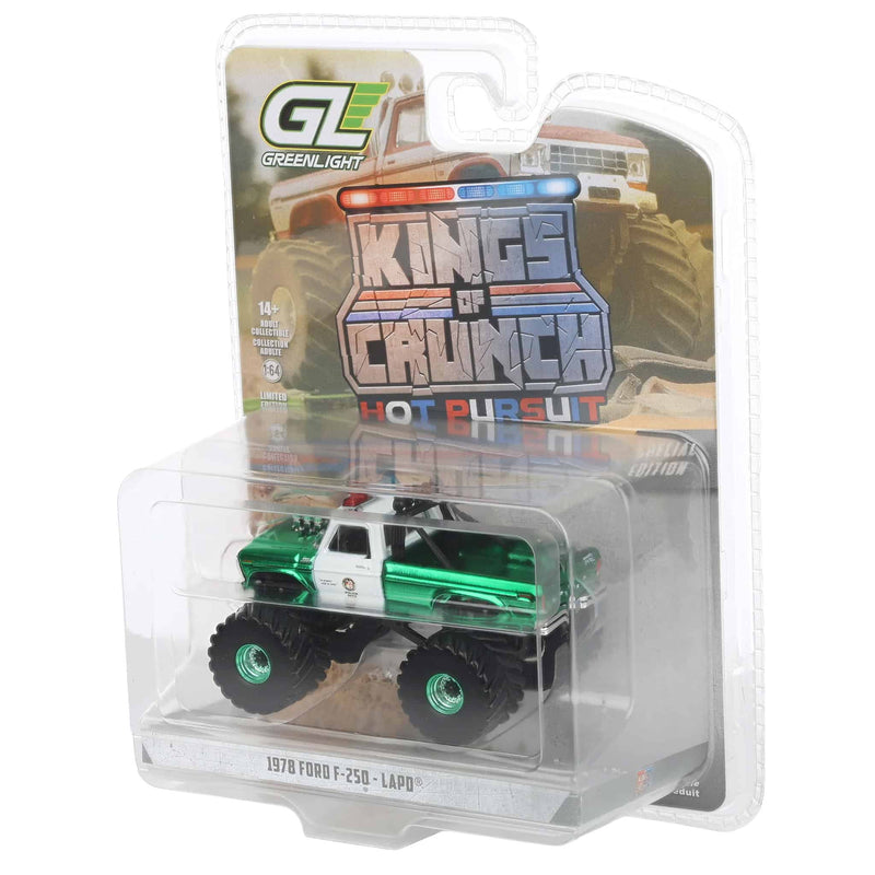 Green Chrome Super Chase Unit ~ 1/64 1978 Ford F-250, Los Angeles Police Department, Kings of Crunch x Hot Pursuit Special Edition Series 17