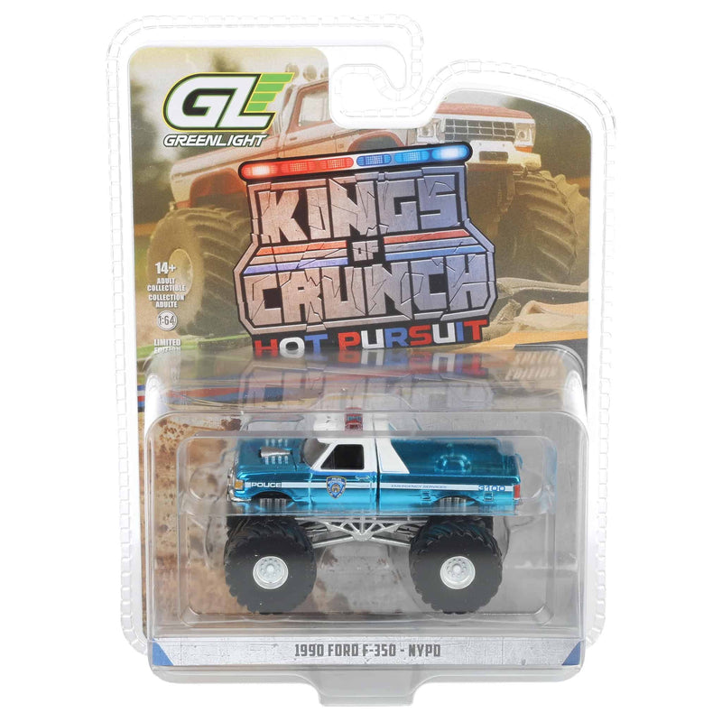 Blue Chrome Super Chase Unit ~ 1/64 1990 Ford F-350, NYPD, Kings of Crunch x Hot Pursuit Special Edition Series 17