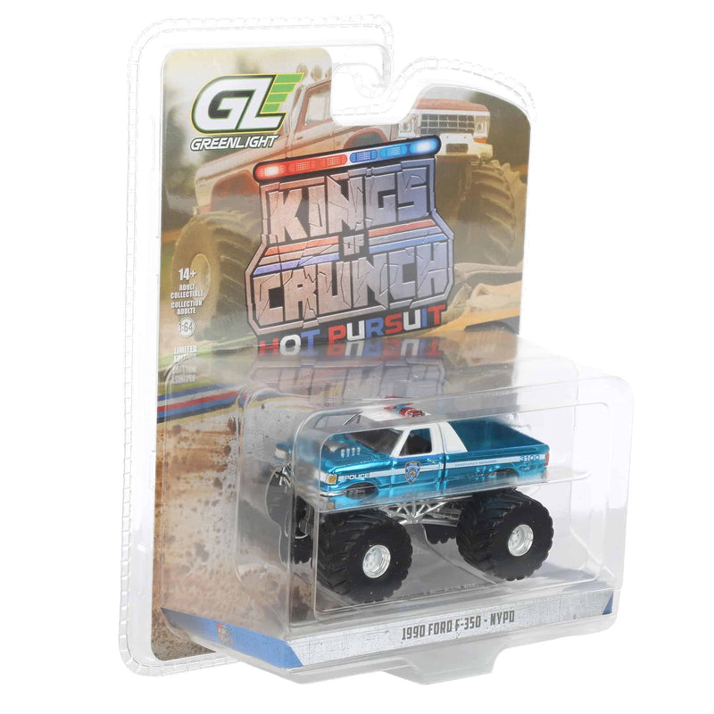 Blue Chrome Super Chase Unit ~ 1/64 1990 Ford F-350, NYPD, Kings of Crunch x Hot Pursuit Special Edition Series 17
