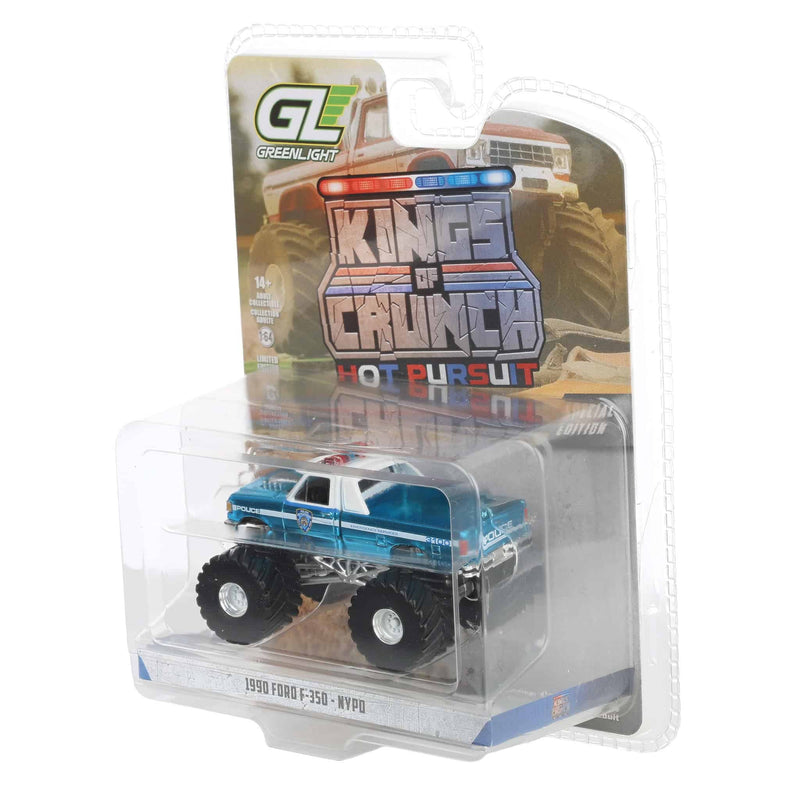 Blue Chrome Super Chase Unit ~ 1/64 1990 Ford F-350, NYPD, Kings of Crunch x Hot Pursuit Special Edition Series 17