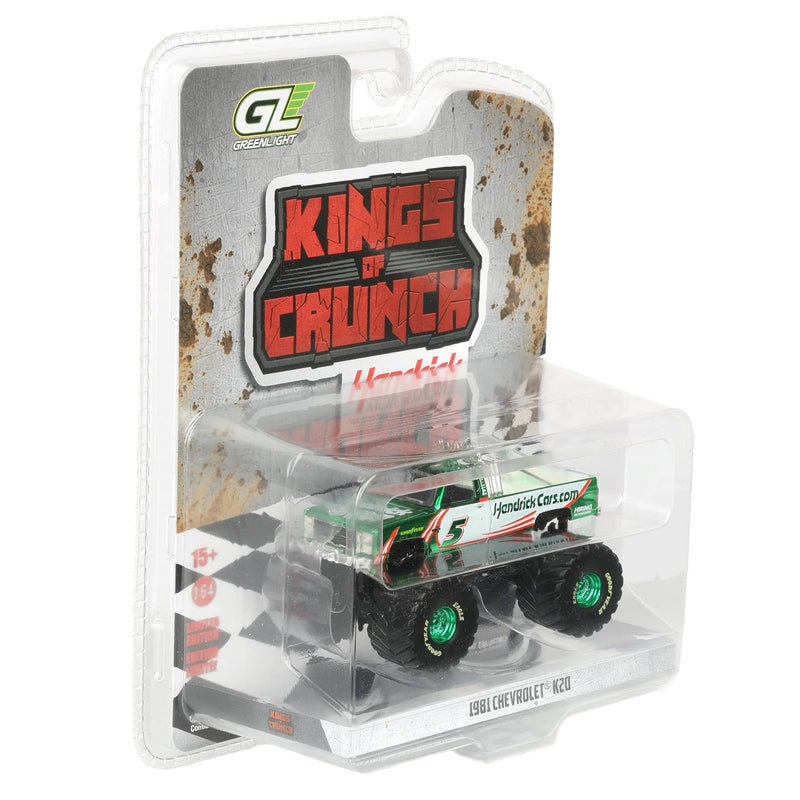Green Chrome Chase Unit ~ 1/64 1981 Chevrolet K20 Monster Truck, Kyle Larson #5 HendrickCars.com, Kings of Crunch Hendrick Motorsports Edition