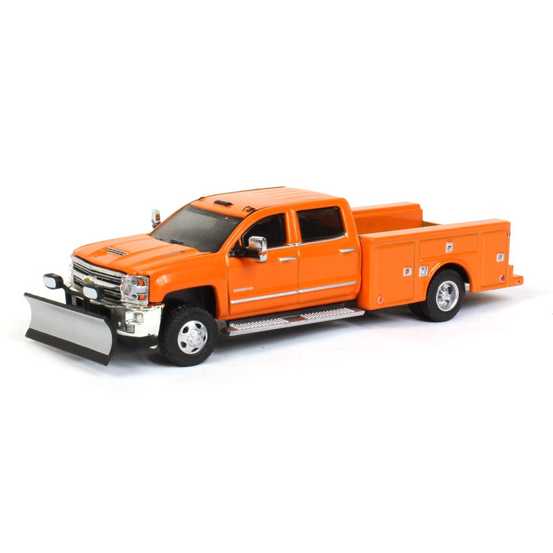 1/64 Orange 2018 Chevrolet Silverado 3500 Dually Pickup Truck with Service Bed & Snow Plow