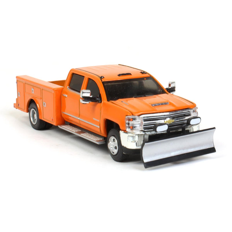 1/64 Orange 2018 Chevrolet Silverado 3500 Dually Pickup Truck with Service Bed & Snow Plow