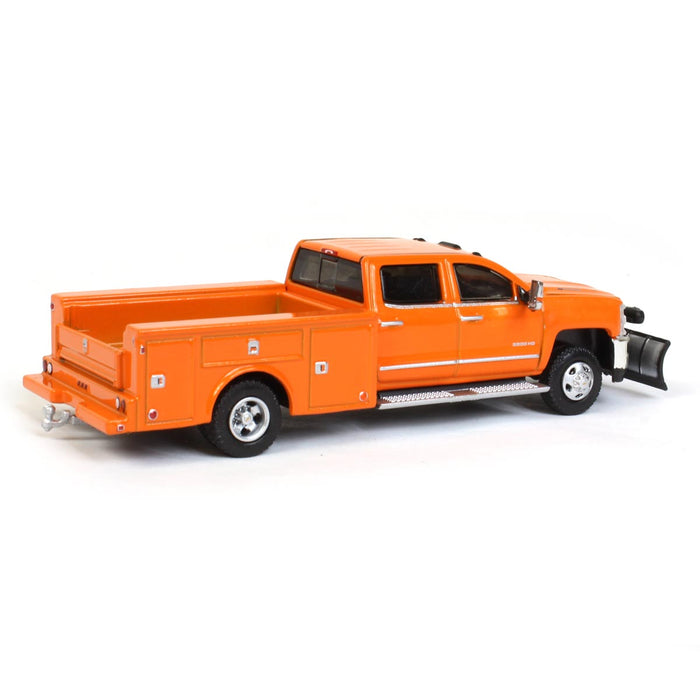 1/64 2018 Chevrolet Silverado 3500 Dually Service Bed, Orange with Snow Plow