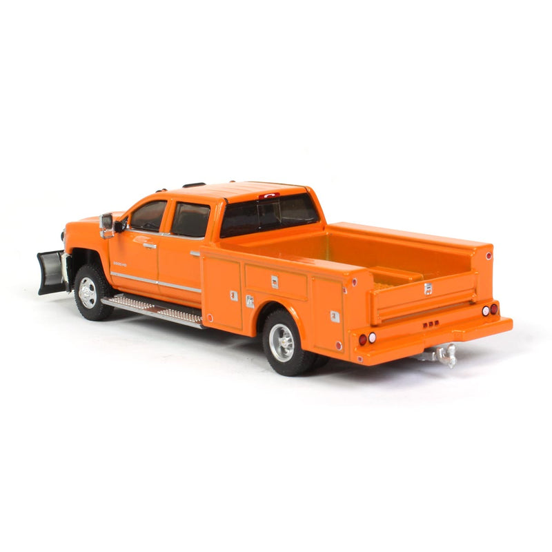 1/64 Orange 2018 Chevrolet Silverado 3500 Dually Pickup Truck with Service Bed & Snow Plow