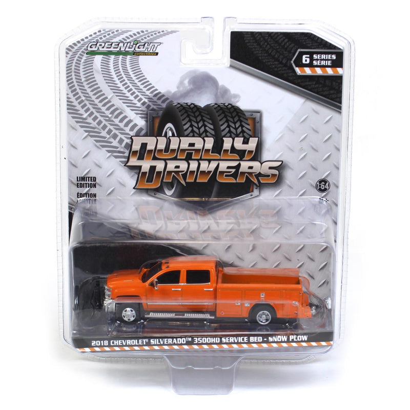 1/64 Orange 2018 Chevrolet Silverado 3500 Dually Pickup Truck with Service Bed & Snow Plow