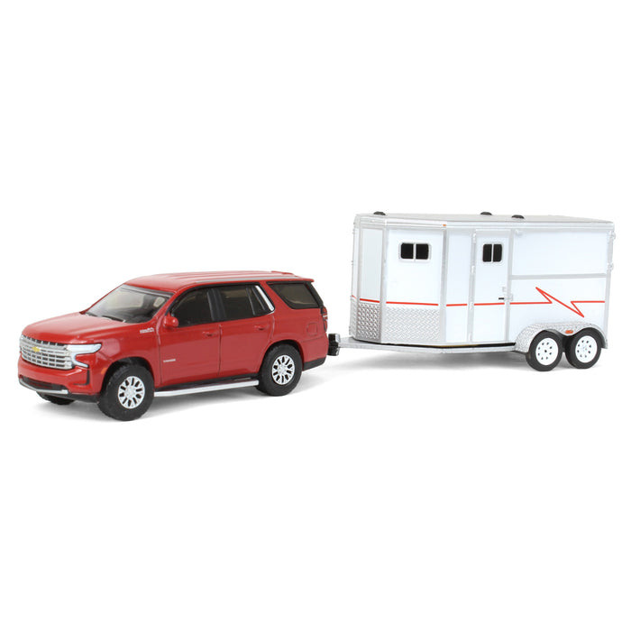 1/64 Cherry Red 2021 Chevrolet Tahoe with Horse Trailer, Hitch & Tow Series 23