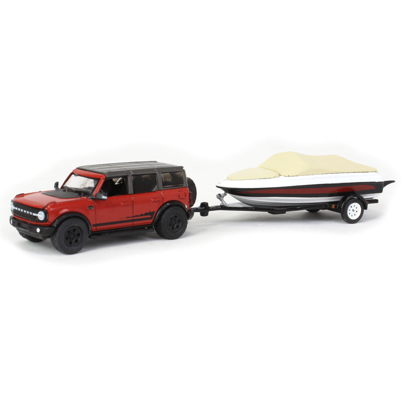 1/64 2021 Ford Bronco Wildtrak with Boat Trailer, Red, Hitch & Tow Series 23