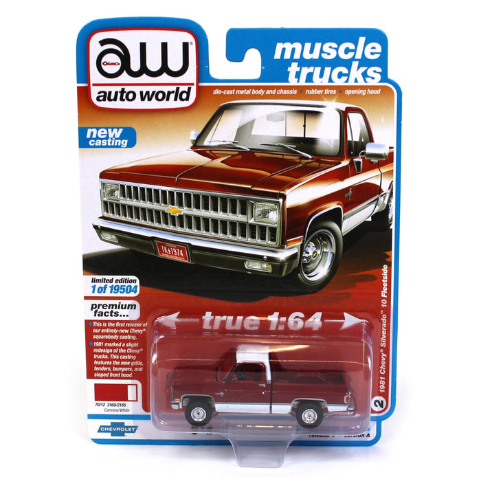 1/64 1981 Chevrolet Silverado 10 Carmine Red, White Roof & Sides, Auto World