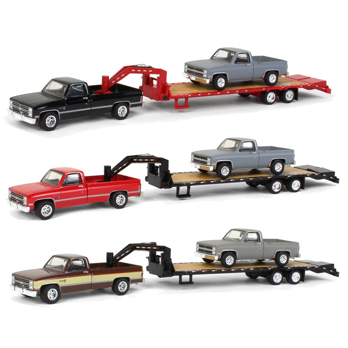 Set of 3 Color Variations ~ 1/64 Chevy K-30 Longbed w/ Gooseneck & Project Truck, Greenlight Exclusive