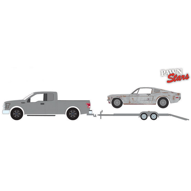 1/64 2015 Ford F-150 Pickup Truck with Unrestored 1968 Ford Mustang GT & Flatbed Trailer, GreenLight Pawn Stars
