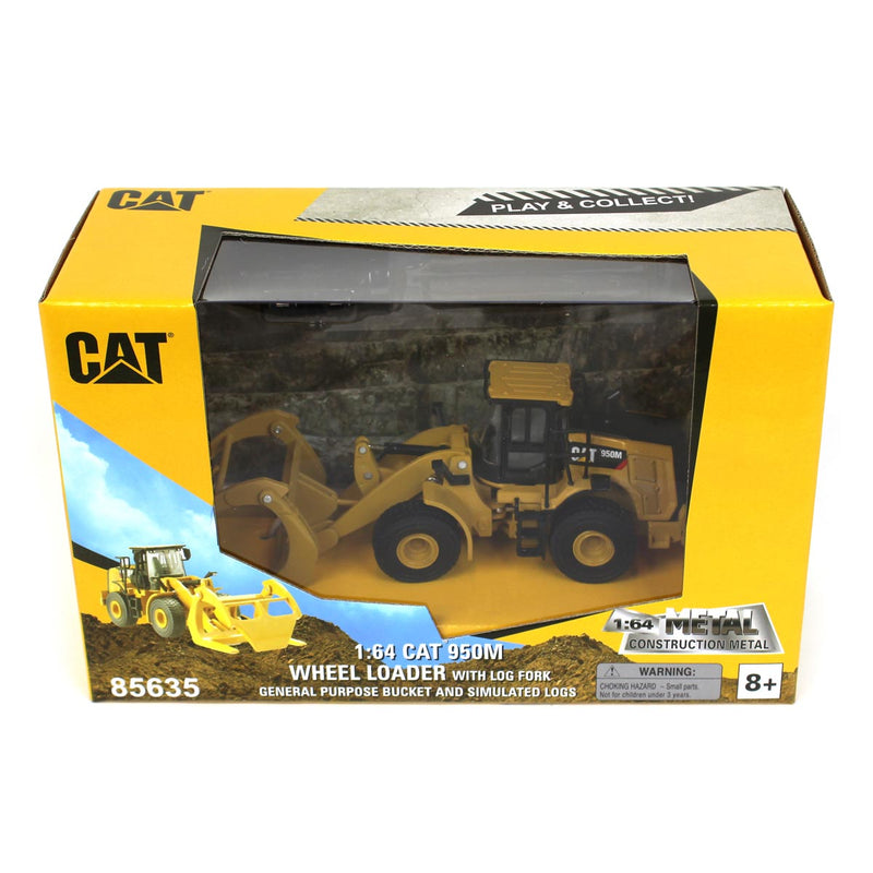 1/64 Caterpillar 950M Wheel Loader with Log Fork, Bucket & 2 Log Poles, Diecast Masters Play & Collect