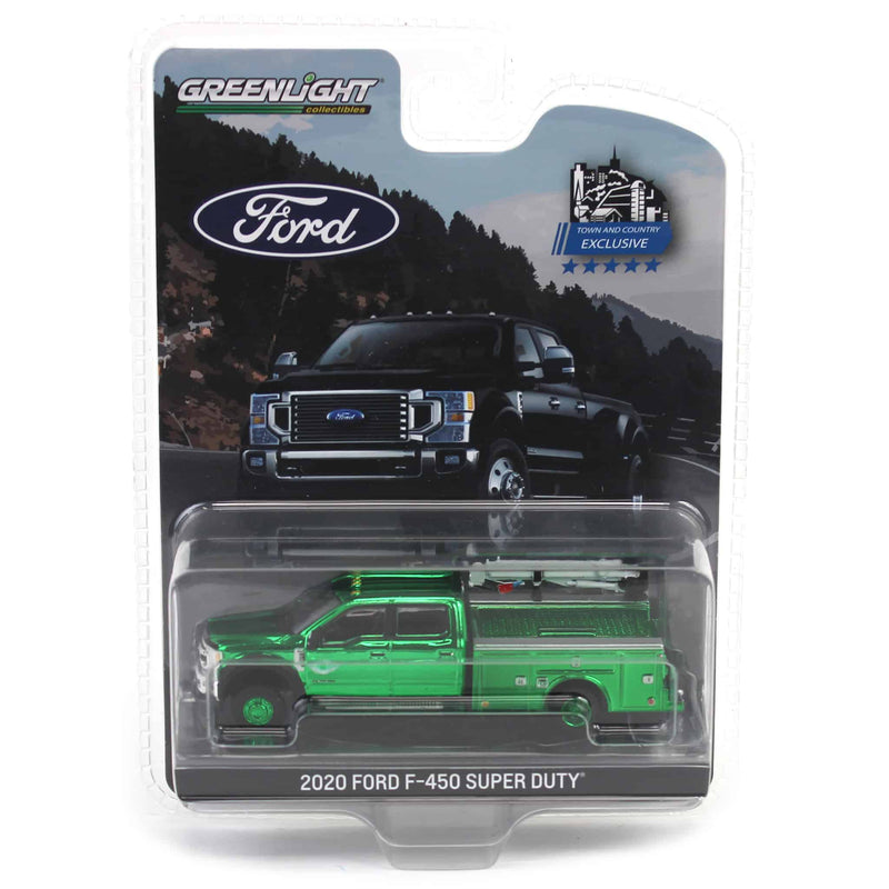 (B&D) - Chrome Green Chase Unit ~ 1/64 2020 Ford F-450 Super Duty Dually with Service Bed & Crane, Oxford White, Town & Country Exclusive - Damaged Item