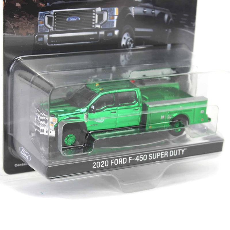 (B&D) - Chrome Green Chase Unit ~ 1/64 2020 Ford F-450 Super Duty Dually with Service Bed & Crane, Oxford White, Town & Country Exclusive - Damaged Item