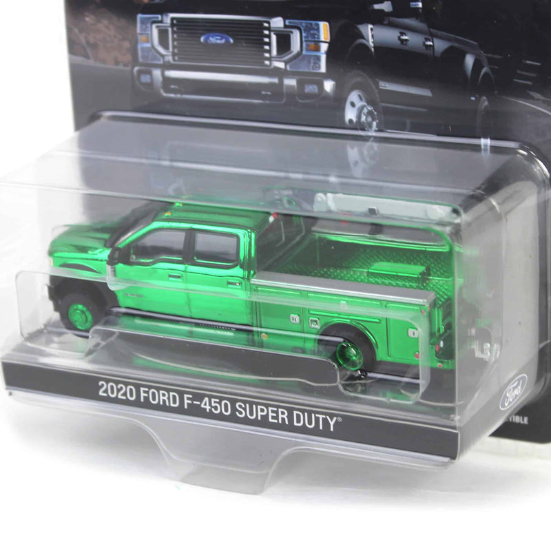 (B&D) - Chrome Green Chase Unit ~ 1/64 2020 Ford F-450 Super Duty Dually with Service Bed & Crane, Oxford White, Town & Country Exclusive - Damaged Item