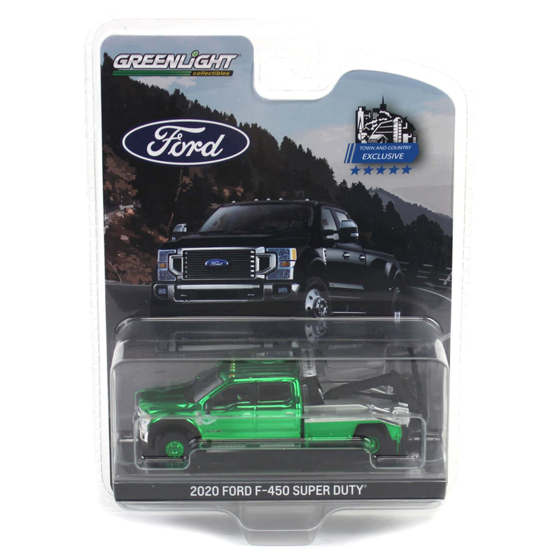 Green Chrome Chase Unit ~ 1/64 2020 Ford F-450 Super Duty Dually with Service Bed & Crane, Agate Black, Town & Country Exclusive
