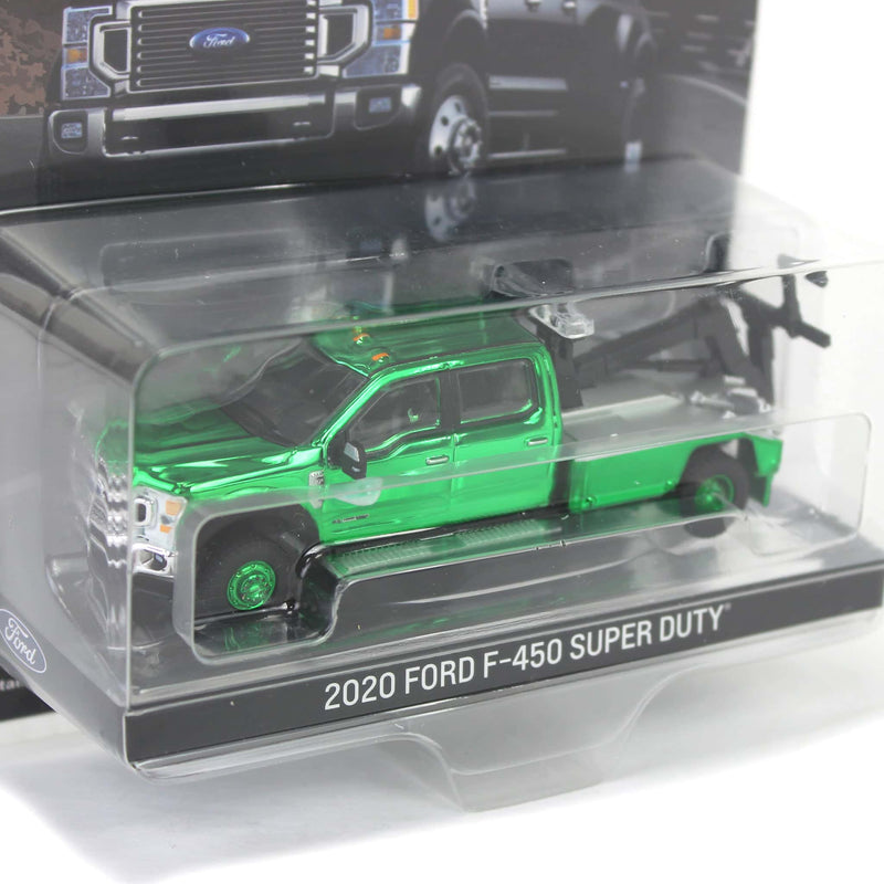 Green Chrome Chase Unit ~ 1/64 2020 Ford F-450 Super Duty Dually with Service Bed & Crane, Agate Black, Town & Country Exclusive