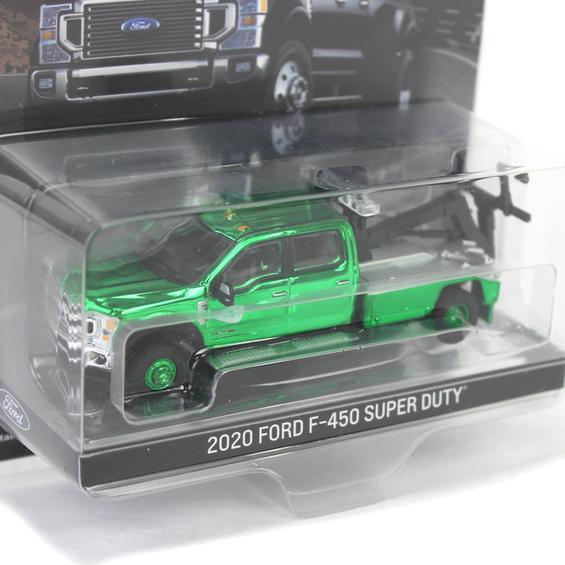 (B&D) - Green Chrome Chase Unit ~ 1/64 2020 Ford F-450 Super Duty Dually with Service Bed & Crane, Agate Black, Town & Country Exclusive - Damaged Item