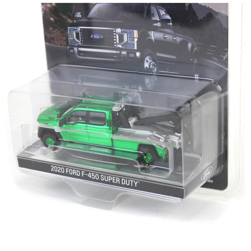(B&D) - Green Chrome Chase Unit ~ 1/64 2020 Ford F-450 Super Duty Dually with Service Bed & Crane, Agate Black, Town & Country Exclusive - Damaged Item