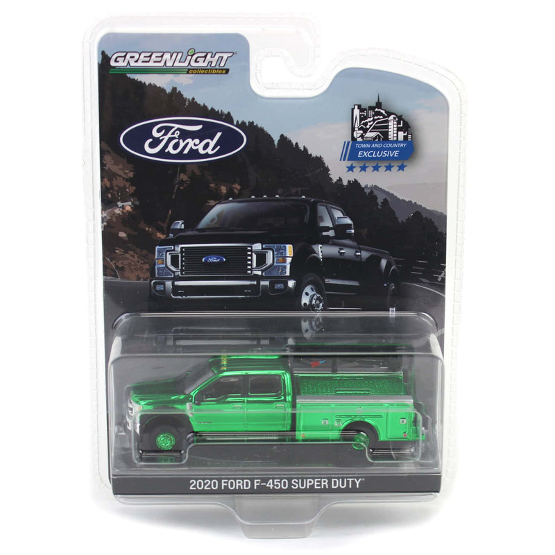 Green Chrome Chase Unit ~ 1/64 2020 Ford F-450 Super Duty Dually with Wrecker Bed, Agate Black, Town & Country Exclusive