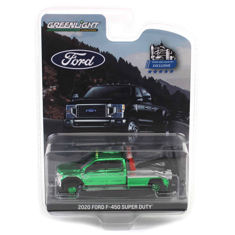 Green Chrome Chase Unit ~ 1/64 2020 Ford F-450 Super Duty Dually with Wrecker Bed, Rapid Red, Town & Country Exclusive