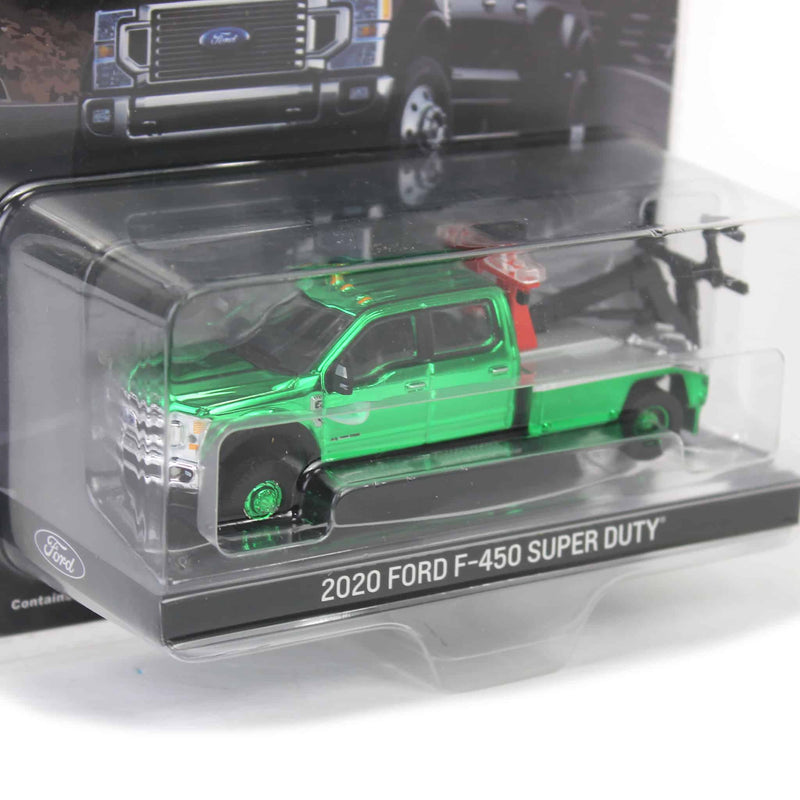 Green Chrome Chase Unit ~ 1/64 2020 Ford F-450 Super Duty Dually with Wrecker Bed, Rapid Red, Town & Country Exclusive