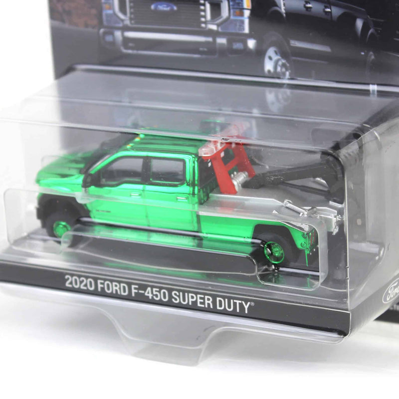 Green Chrome Chase Unit ~ 1/64 2020 Ford F-450 Super Duty Dually with Wrecker Bed, Rapid Red, Town & Country Exclusive