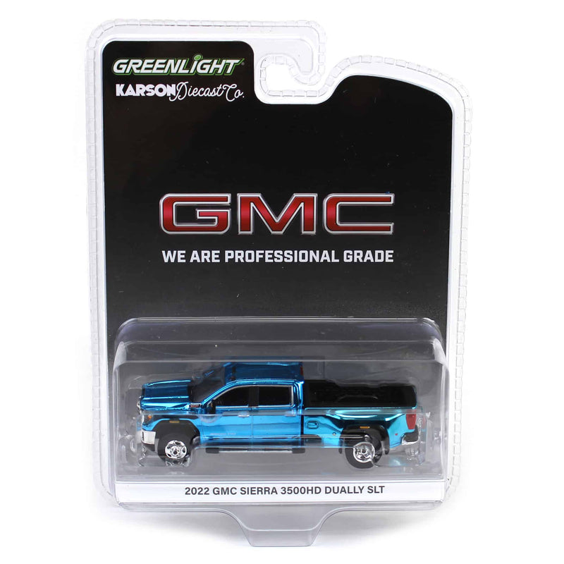 Blue Chrome Chase ~ 1/64 2022 GMC Sierra 3500HD Pro Dually, Cayenne Red, Karson Diecast Exclusive