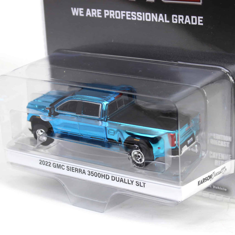 Blue Chrome Chase ~ 1/64 2022 GMC Sierra 3500HD Pro Dually, Cayenne Red, Karson Diecast Exclusive