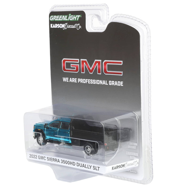 Blue Chrome Chase ~  1/64 2022 GMC Sierra 3500HD Pickup Truck with Dump Bed, Summit White, Karson Diecast Exclusive