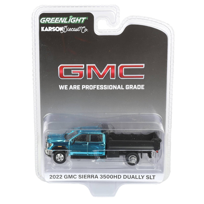 Blue Chrome Chase ~ 1/64 2022 GMC Sierra 3500HD Pickup Truck with Dump Bed, Cardinal Red, Karson Diecast Exclusive