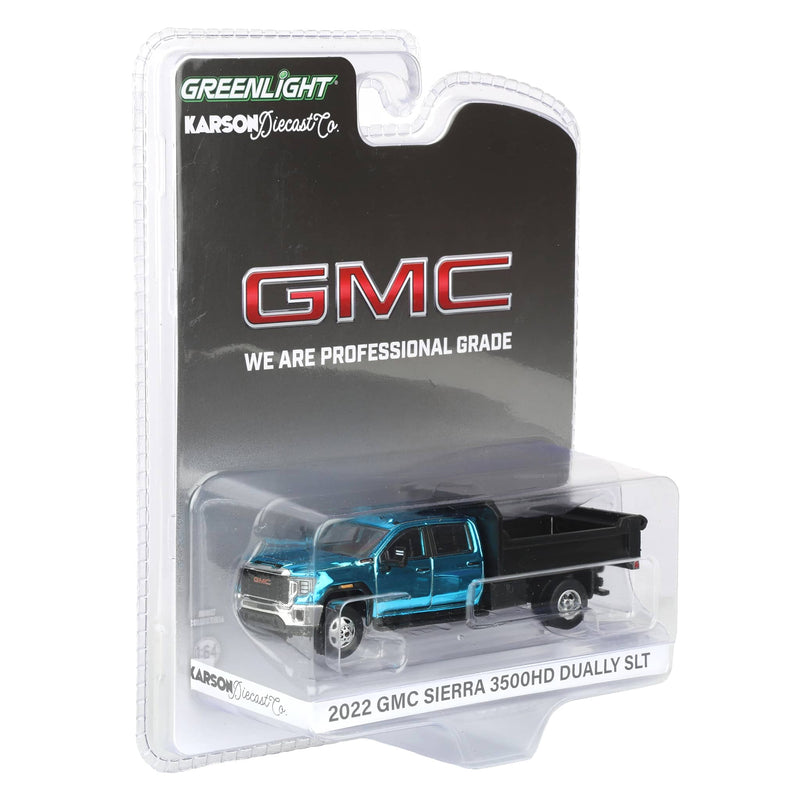 Blue Chrome Chase ~ 1/64 2022 GMC Sierra 3500HD Pickup Truck with Dump Bed, Cardinal Red, Karson Diecast Exclusive