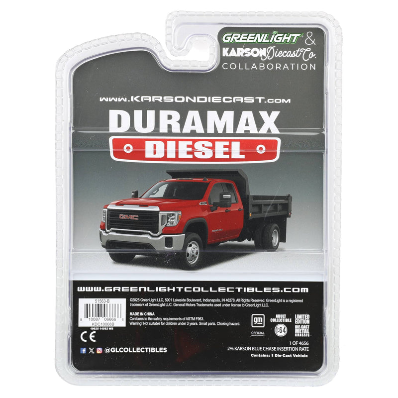 Blue Chrome Chase ~ 1/64 2022 GMC Sierra 3500HD Pickup Truck with Dump Bed, Cardinal Red, Karson Diecast Exclusive