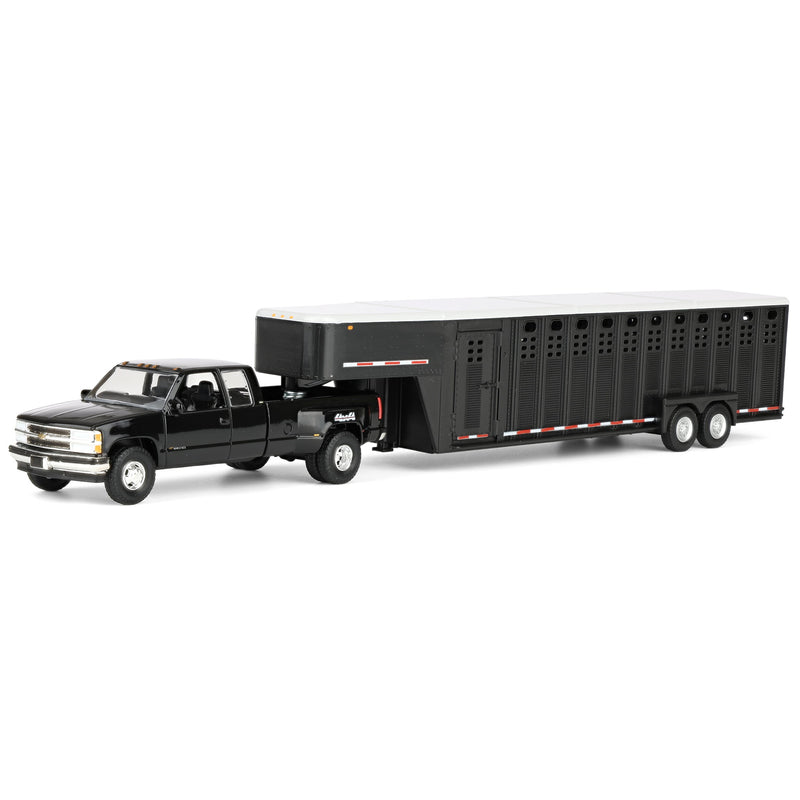 1/64 1998 Chevrolet Silverado 3500 Extended Cab Dually Pickup Truck with Gooseneck Livestock Trailer, Black, Outback Toys Exclusive