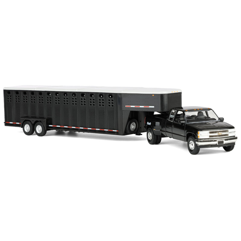 1/64 1998 Chevrolet Silverado 3500 Extended Cab Dually Pickup Truck with Gooseneck Livestock Trailer, Black, Outback Toys Exclusive
