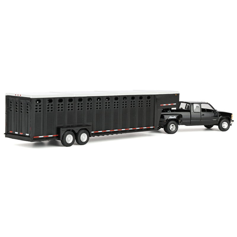 1/64 1998 Chevrolet Silverado 3500 Extended Cab Dually Pickup Truck with Gooseneck Livestock Trailer, Black, Outback Toys Exclusive