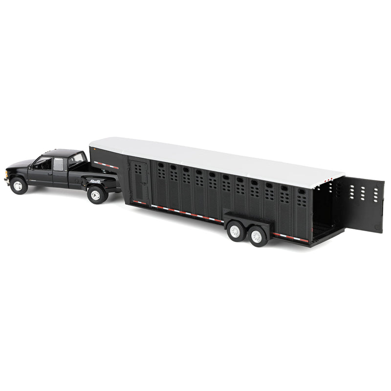 1/64 1998 Chevrolet Silverado 3500 Extended Cab Dually Pickup Truck with Gooseneck Livestock Trailer, Black, Outback Toys Exclusive