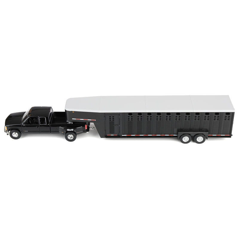 1/64 1998 Chevrolet Silverado 3500 Extended Cab Dually Pickup Truck with Gooseneck Livestock Trailer, Black, Outback Toys Exclusive