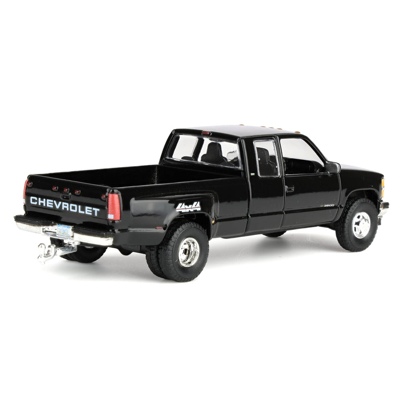 1/64 1998 Chevrolet Silverado 3500 Extended Cab Dually Pickup Truck with Gooseneck Livestock Trailer, Black, Outback Toys Exclusive
