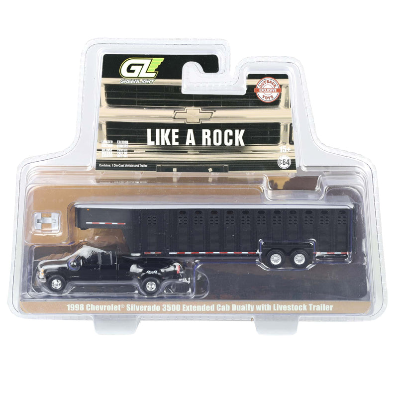 1/64 1998 Chevrolet Silverado 3500 Extended Cab Dually Pickup Truck with Gooseneck Livestock Trailer, Black, Outback Toys Exclusive