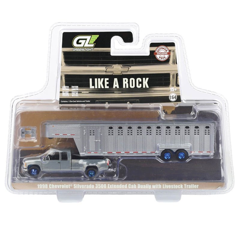 Raw & Blue Chrome Chase Unit ~ 1/64 1998 Chevrolet Silverado 3500 Ext. Cab Dually with Livestock Trailer, OBT Exclusive