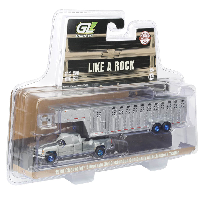 Raw & Blue Chrome Chase Unit ~ 1/64 1998 Chevrolet Silverado 3500 Ext. Cab Dually with Livestock Trailer, OBT Exclusive