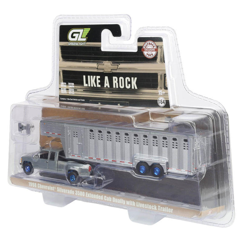 Raw & Blue Chrome Chase Unit ~ 1/64 1998 Chevrolet Silverado 3500 Ext. Cab Dually with Livestock Trailer, OBT Exclusive