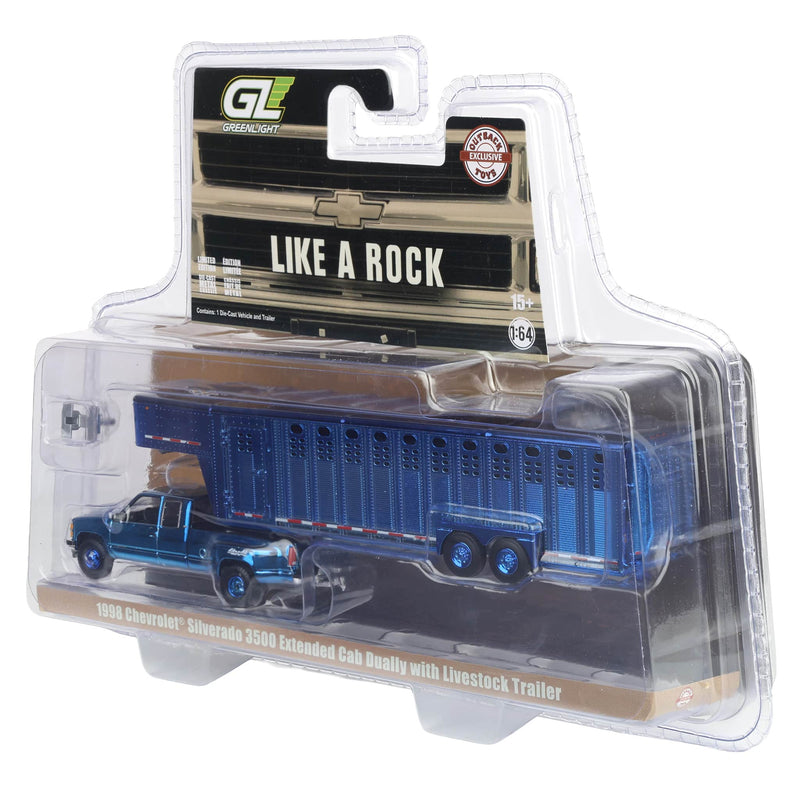 Blue Chrome Chase Unit ~ 1/64 1998 Chevrolet Silverado 3500 Ext. Cab Dually with Livestock Trailer, OBT Exclusive