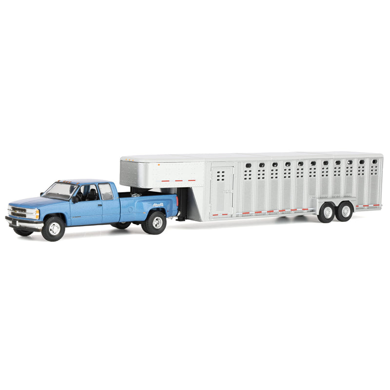 1/64 1998 Chevrolet Silverado 3500 Extended Cab Dually Pickup Truck with Gooseneck Livestock Trailer, Blue, Outback Toys Exclusive