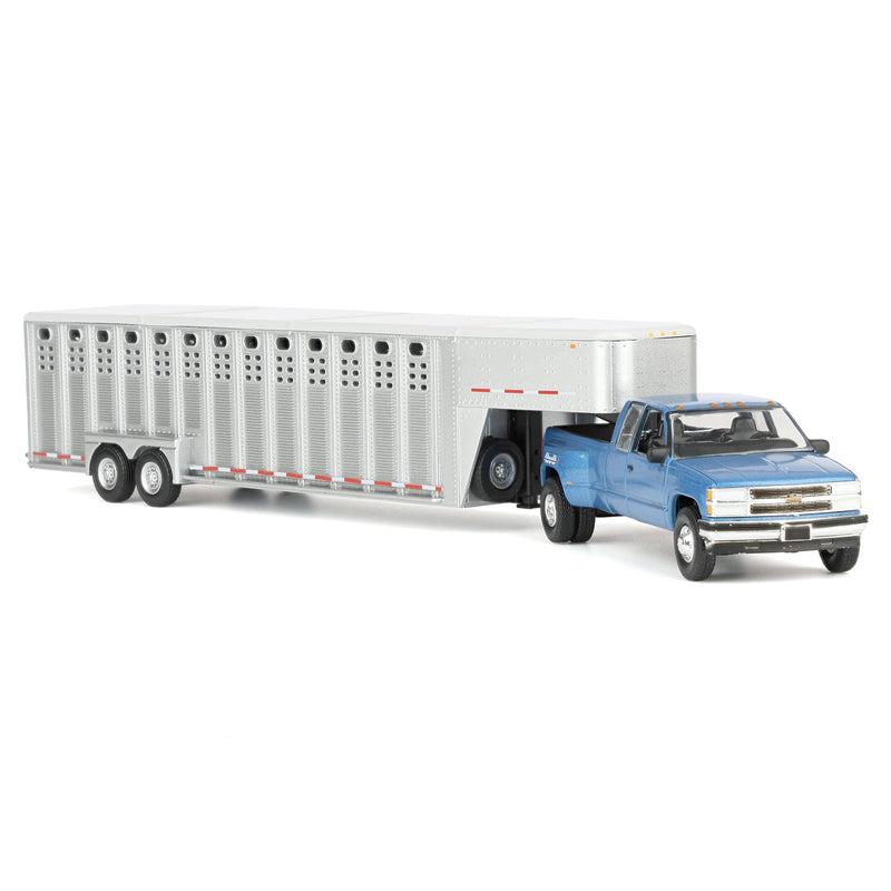 1/64 1998 Chevrolet Silverado 3500 Extended Cab Dually Pickup Truck with Gooseneck Livestock Trailer, Blue, Outback Toys Exclusive