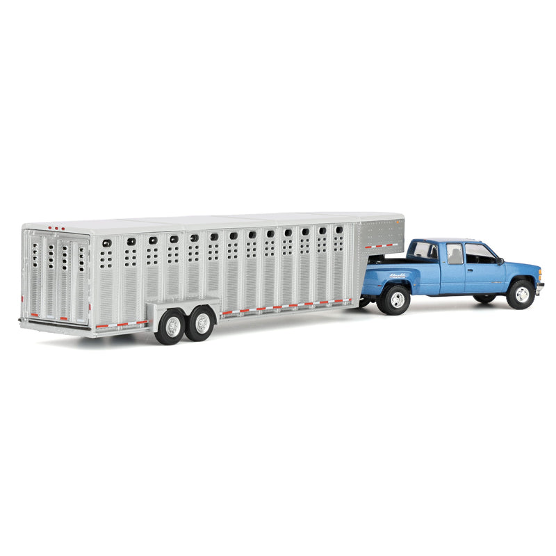 1/64 1998 Chevrolet Silverado 3500 Extended Cab Dually Pickup Truck with Gooseneck Livestock Trailer, Blue, Outback Toys Exclusive