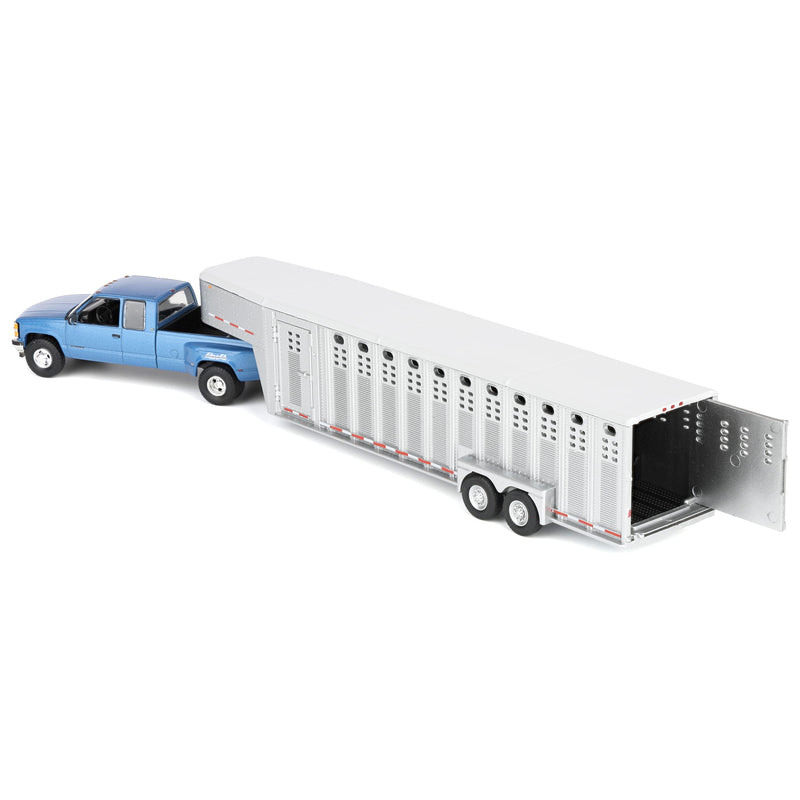 1/64 1998 Chevrolet Silverado 3500 Extended Cab Dually Pickup Truck with Gooseneck Livestock Trailer, Blue, Outback Toys Exclusive