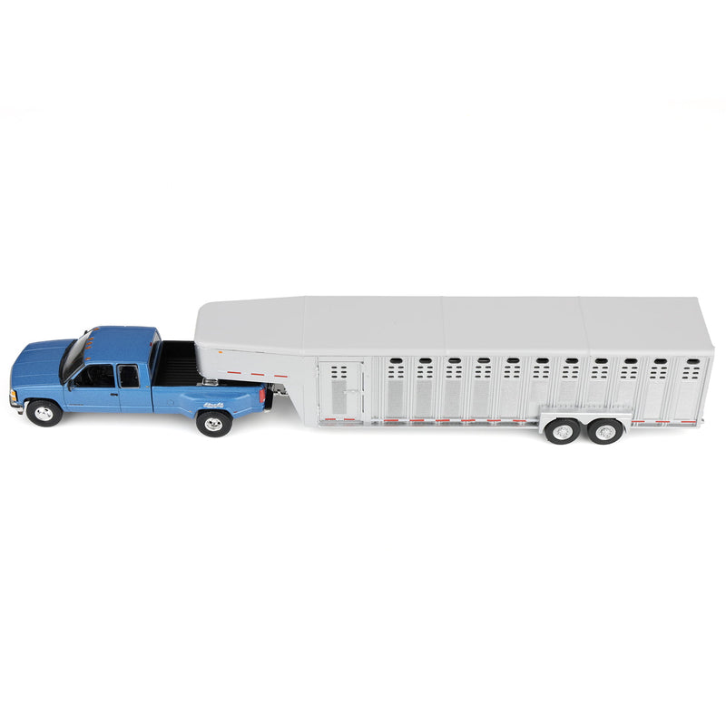 1/64 1998 Chevrolet Silverado 3500 Extended Cab Dually Pickup Truck with Gooseneck Livestock Trailer, Blue, Outback Toys Exclusive