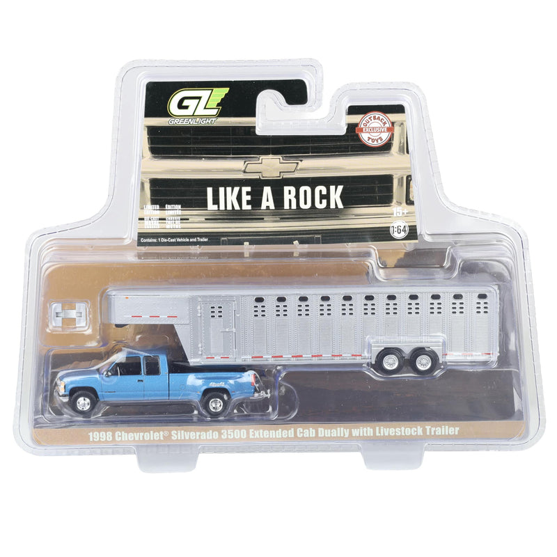 1/64 1998 Chevrolet Silverado 3500 Extended Cab Dually Pickup Truck with Gooseneck Livestock Trailer, Blue, Outback Toys Exclusive